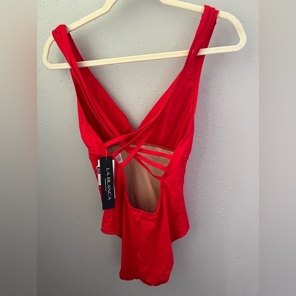 LA BLANCA Multi Strap Cross Back One Piece Cherry Red Swimsuit Size 10 New - Picture 4 of 7